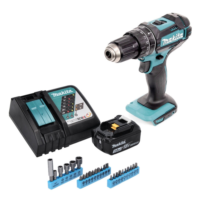 Makita DHP 482 RF1 Akku Schlagbohrschrauber 18 V 62 Nm + 1x Akku 3,0 Ah + Ladegerät + 26 tlg. Bit Steckschlüssel Set