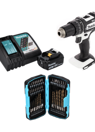 Makita DHP 482 RF1W Perceuse-visseuse à percussion sans fil 18 V 62 Nm + 1x Batterie 3,0 Ah + Chargeur + Jeu de forets - 40 pièces