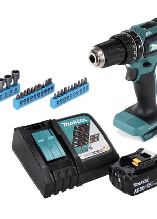 Makita DHP 485 RF1 Perceuse-visseuse à percussion sans fil 18 V 50 Nm Brushless + 1x Batterie 3,0 Ah + Chargeur + Jeu de 26 douilles à embouts