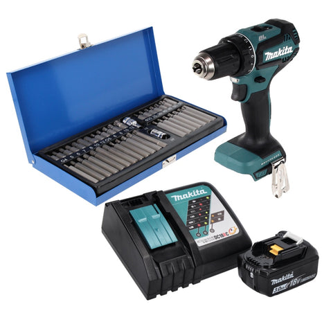 Makita DDF 485 RF1 Perceuse visseuse sans fil 50 Nm, 18V, sans balais + 1x Batterie 3,0 Ah + Chargeur + Set d'embouts 40 pièces