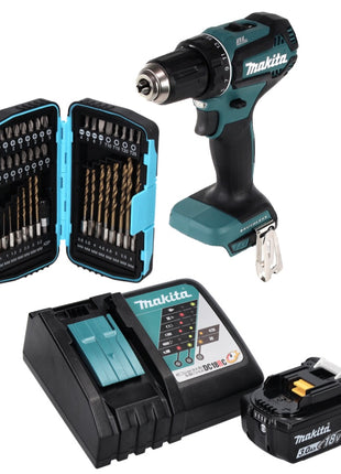 Makita DDF 485 RF1 Perceuse visseuse sans fil 50 Nm, 18V, sans balais + 1x Batterie 3,0 Ah + Chargeur + Set de forets à embouts 40 pièces