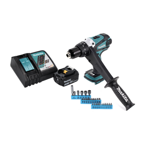 Makita DDF 458 RF1 taladro atornillador inalámbrico 18 V 91 Nm + 1x batería 3,0 Ah + cargador + juego de puntas 26 piezas