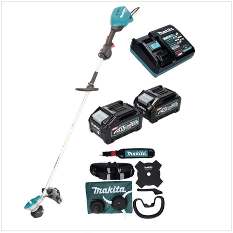 Makita UR 003 GM201 débroussailleuse à batterie 40 V sans balais IPX4 + 2x batteries 4,0 Ah + chargeur + bandoulière + tête de couteau + tête de fil + couteau à mouche + sac