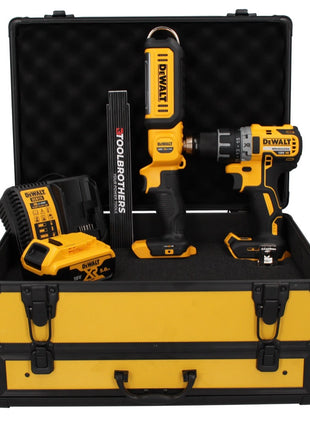 Perceuse-visseuse sans fil DeWalt DCD 791 P1 TX 18 V 70 Nm sans balais + lampe à batterie DCL 050 18 V + 1 batterie 5,0 Ah + chargeur + mètre pliant + coffret TX