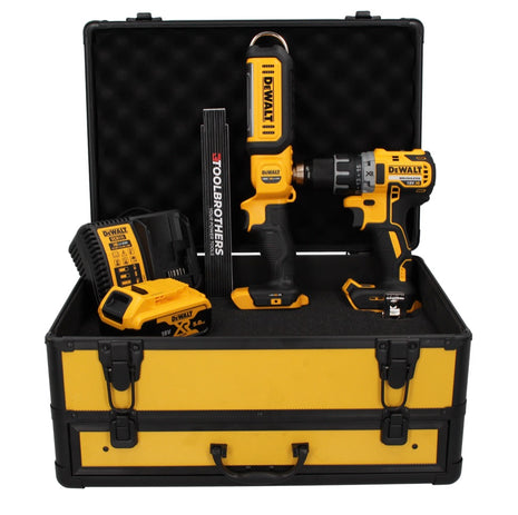 Taladro atornillador inalámbrico DeWalt DCD 791 P1 TX 18 V 70 Nm sin escobillas + lámpara de batería DCL 050 18 V + 1x batería 5,0 Ah + cargador + metro plegable + estuche TX