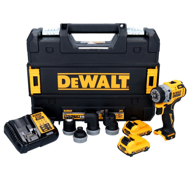 Trapano avvitatore a batteria DeWalt DCD 703 L2T 12 V 57,5 Nm + 2 batterie da 3 Ah + caricabatterie + valigetta TSTAK + adattatore per mandrino 4x