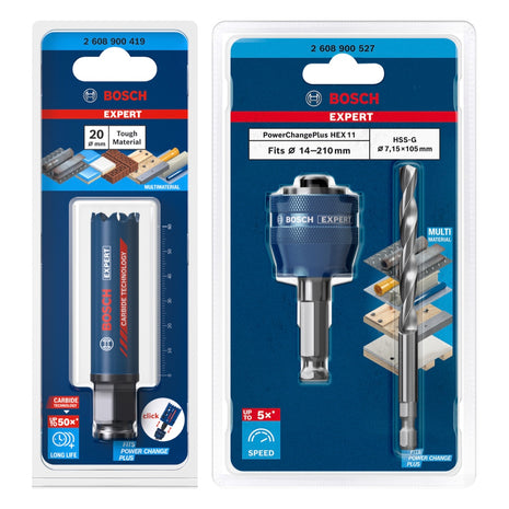 Bosch EXPERT Juego básico de sierra perforadora para materiales resistentes, 20 x 60 mm, carburo (2608900419), universal + adaptador de cambio de corriente (2608900527)