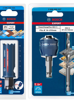 Bosch EXPERT Tough Material Lochsägen Starter Set 25 x 60 mm Carbide ( 2608900421 ) Universal + Power Change Adapter ( 2608900527 )