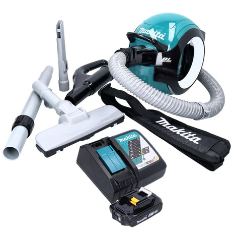 Aspirador de batería Makita DCL 501 RA1 18 V sin escobillas + 1x batería 2,0 Ah + cargador + accesorios