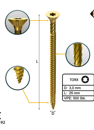 FORTE Tools Tornillo universal para madera 3,0 x 25 mm T10 500 piezas (000051399463) cabeza avellanada Torx galvanizada amarilla rosca completa