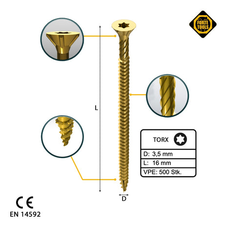 FORTE Tools Universal Holzschraube 3,5 x 16 mm T15 500 Stk. ( 000051399465 ) gelb verzinkt Torx Senkkopf Vollgewinde