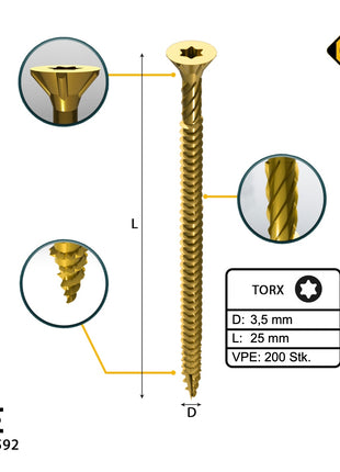 FORTE Tools Universal Holzschraube 3,5 x 25 mm T15 200 Stk. ( 000051399467 ) gelb verzinkt Torx Senkkopf Vollgewinde