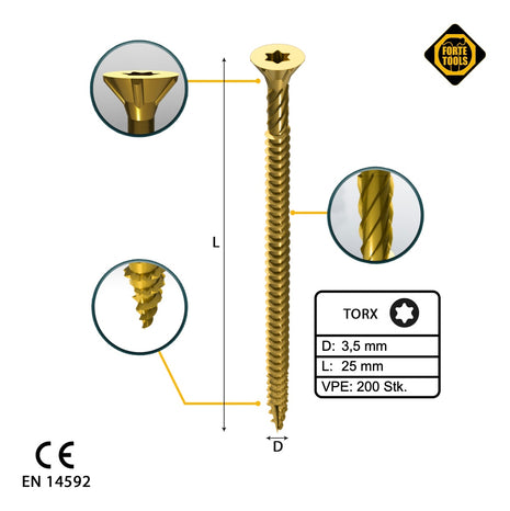 FORTE Tools Vis à bois universelle 3,5 x 25 mm T15, Galvanisée jaune, Tête fraisée Torx, Filetage total, 200 pcs. (000051399467)