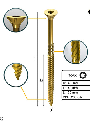 FORTE Tools Universal Holzschraube 4,0 x 50 mm T20 200 Stk. ( 000051399475 ) gelb verzinkt Torx Senkkopf Teilgewinde - Toolbrothers