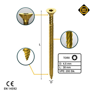 FORTE Tools Universal Holzschraube 4,5 x 30 mm T20 200 Stk. ( 000051399477 ) gelb verzinkt Torx Senkkopf Vollgewinde
