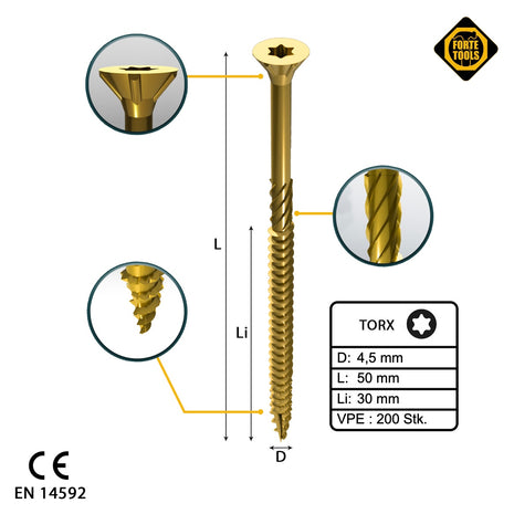 FORTE Tools Universal Holzschraube 4,5 x 50 mm T20 200 Stk. ( 000051399479 ) gelb verzinkt Torx Senkkopf Teilgewinde