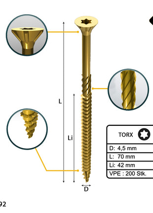 FORTE Tools Tornillo universal para madera 4,5 x 70 mm T20 200 piezas (000051399481) rosca parcial Torx cabeza avellanada galvanizada amarilla