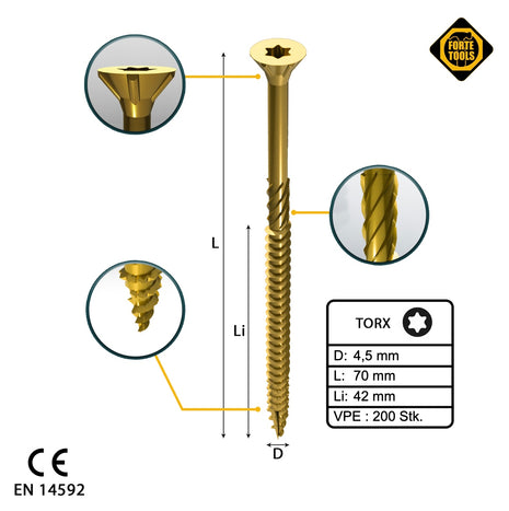 FORTE Tools Tornillo universal para madera 4,5 x 70 mm T20 200 piezas (000051399481) rosca parcial Torx cabeza avellanada galvanizada amarilla