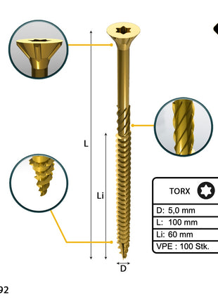 FORTE Tools Tornillo universal para madera 5,0 x 100 mm T25 100 piezas (000051399483) rosca parcial Torx cabeza avellanada galvanizada amarilla