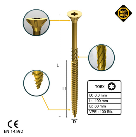 FORTE Tools Tornillo universal para madera 6,0 x 100 mm T30 100 piezas (000051399491) rosca parcial Torx cabeza avellanada galvanizada amarilla