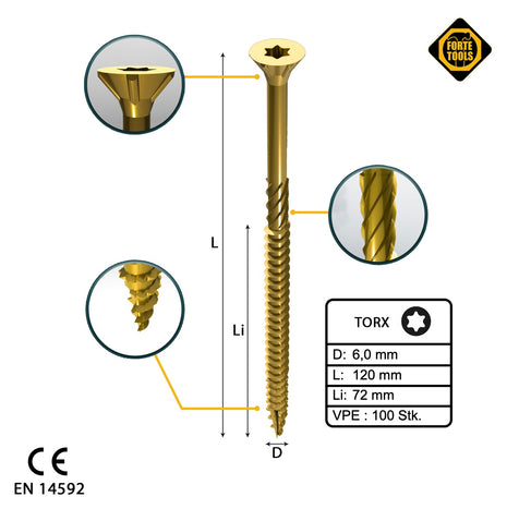 FORTE Tools Tornillo universal para madera 6,0 x 120 mm T30 100 piezas (000051399492) rosca parcial Torx cabeza avellanada galvanizada amarilla