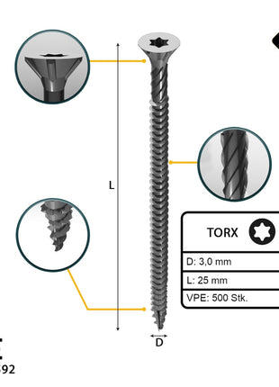 FORTE Tools Universal Holzschraube 3,0 x 25 mm T10 500 Stk. ( 000040113858 ) silber verzinkt Torx Senkkopf Vollgewinde