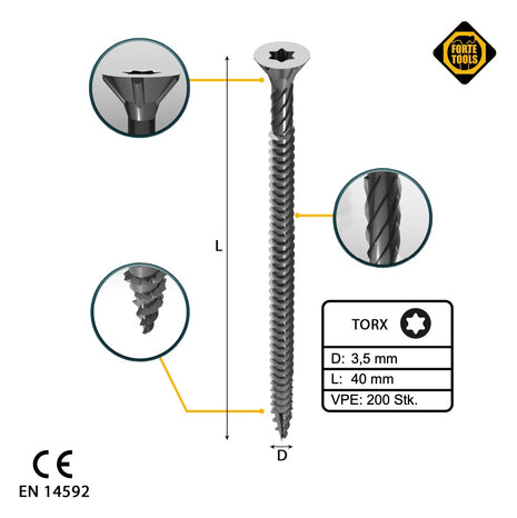 FORTE Tools tornillo universal para madera 3,5 x 40 mm T15 200 piezas (000040113865) galvanizado plateado cabeza avellanada Torx rosca completa