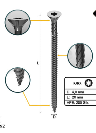 FORTE Tools Universal Holzschraube 4,0 x 20 mm T20 200 Stk. ( 000040113867 ) silber verzinkt Torx Senkkopf Vollgewinde - Toolbrothers