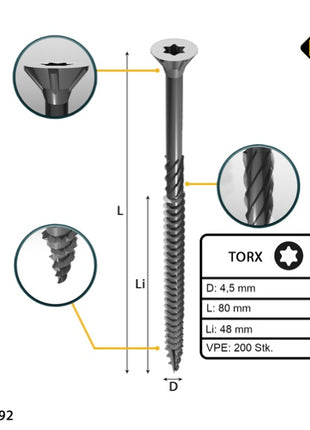 FORTE Tools tornillo universal para madera 4,5 x 80 mm T20 200 piezas (000040113877) galvanizado en plata Torx cabeza avellanada rosca parcial