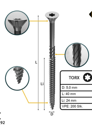 FORTE Tools Universal Holzschraube 5,0 x 40 mm T25 200 Stk. ( 000040113880 ) silber verzinkt Torx Senkkopf Teilgewinde - Toolbrothers