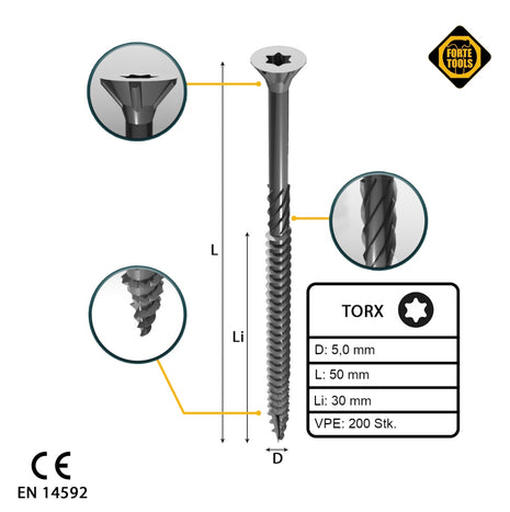 FORTE Tools Tornillo universal para madera 5,0 x 50 mm T25 200 piezas (000040113881) galvanizado en plata Torx cabeza avellanada rosca parcial