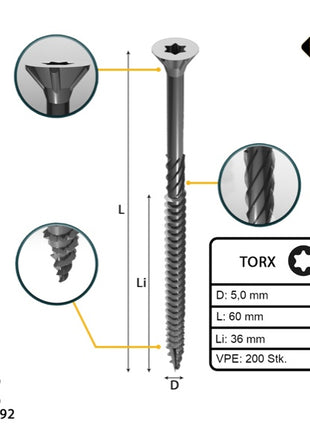 FORTE Tools Tornillo universal para madera 5,0 x 60 mm T25 200 piezas (000040113882) galvanizado en plata Torx cabeza avellanada rosca parcial