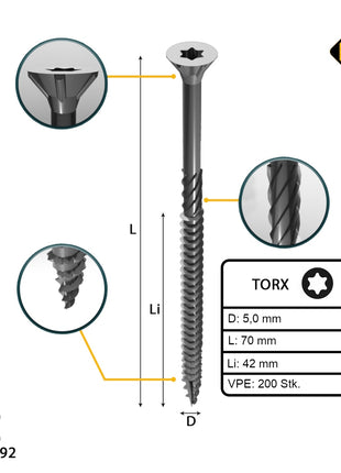 FORTE Tools Tornillo universal para madera 5,0 x 70 mm T25 200 piezas (000040113883) galvanizado en plata Torx cabeza avellanada rosca parcial