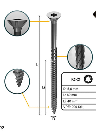 FORTE Tools Universal Holzschraube 5,0 x 80 mm T25 200 Stk. ( 000040113884 ) silber verzinkt Torx Senkkopf Teilgewinde