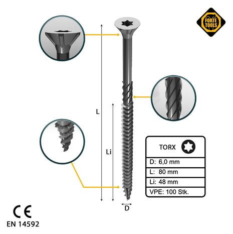 FORTE Tools Tornillo universal para madera 6,0 x 80 mm T30 100 piezas (000040113891) galvanizado en plata Torx cabeza avellanada rosca parcial