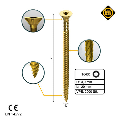 FORTE Tools Vis à bois universelle 3,0 x 20 mm T10, Galvanisée jaune, Tête fraisée Torx, Filetage total, 2000 pcs.