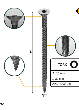 FORTE Tools Universal Holzschraube 3,0 x 30 mm T10 1000 Stk. ( 2x 000040113859 ) silber verzinkt Torx Senkkopf Vollgewinde - Toolbrothers