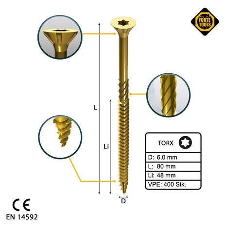 FORTE Tools Tornillo universal para madera 6,0 x 80 mm T30 400 piezas (4x 000051399496) rosca parcial Torx cabeza avellanada galvanizada amarilla