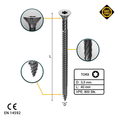 FORTE Tools Universal Holzschraube 3,5 x 40 mm T15 800 Stk. ( 4x 000040113865 ) silber verzinkt Torx Senkkopf Vollgewinde