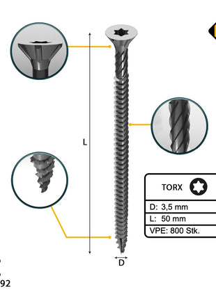 FORTE Tools Universal Holzschraube 3,5 x 50 mm T15 800 Stk. ( 4x 000040113866 ) silber verzinkt Torx Senkkopf Vollgewinde