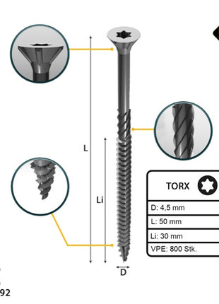 FORTE Tools Universal Holzschraube 4,5 x 50 mm T20 800 Stk. ( 4x 000040113874 ) silber verzinkt Torx Senkkopf Teilgewinde