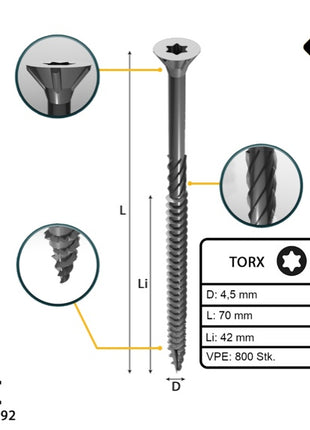 FORTE Tools Universal Holzschraube 4,5 x 70 mm T20 800 Stk. ( 4x 000040113876 ) silber verzinkt Torx Senkkopf Teilgewinde