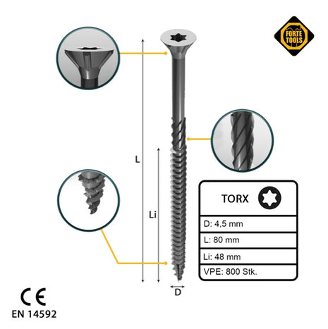 FORTE Tools Universal Holzschraube 4,5 x 80 mm T20 800 Stk. ( 4x 000040113877 ) silber verzinkt Torx Senkkopf Teilgewinde