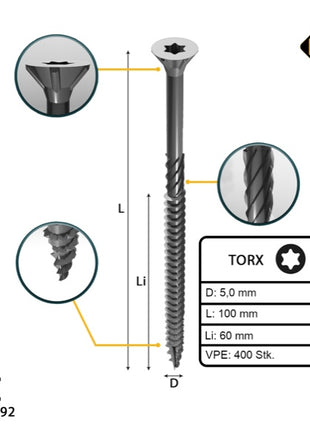 FORTE Tools Universal Holzschraube 5,0 x 100 mm T25 400 Stk. ( 4x 000040113878 ) silber verzinkt Torx Senkkopf Teilgewinde