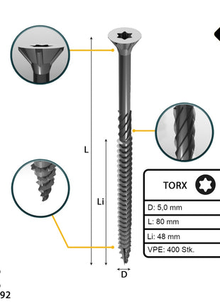 FORTE Tools Universal Holzschraube 5,0 x 80 mm T25 400 Stk. ( 2x 000040113884 ) silber verzinkt Torx Senkkopf Teilgewinde