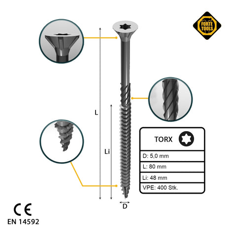 FORTE Tools Universal Holzschraube 5,0 x 80 mm T25 400 Stk. ( 2x 000040113884 ) silber verzinkt Torx Senkkopf Teilgewinde