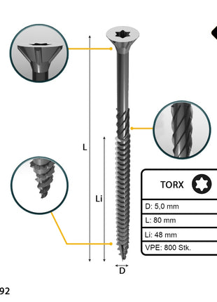 FORTE Tools Tornillo universal para madera 5,0 x 80 mm T25 800 piezas (4x 000040113884) galvanizado en plata Torx cabeza avellanada rosca parcial