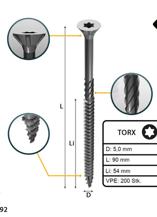 FORTE Tools Universal Holzschraube 5,0 x 90 mm T25 200 Stk. ( 2x 000040113885 ) silber verzinkt Torx Senkkopf Teilgewinde