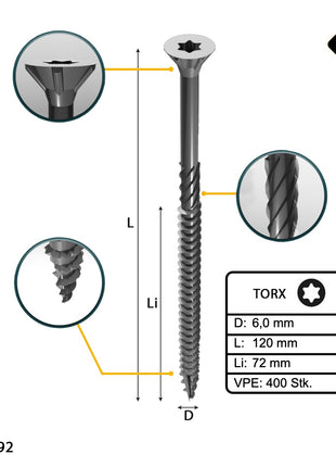 FORTE Tools Universal Holzschraube 6,0 x 120 mm T30 400 Stk. ( 4x 000040113887 ) silber verzinkt Torx Senkkopf Teilgewinde