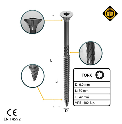 FORTE Tools Vis à bois universelle 6,0 x 70 mm T30, Argent galvanisé, Tête fraisée Torx, Filetage partiel, 400 pcs. (4x 000040113890)